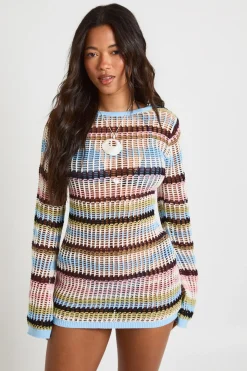 Robe Mini Ajustée En Maille À Rayures Crochet Avec Manches Évasées