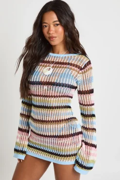 Robe Mini Ajustée En Maille À Rayures Crochet Avec Manches Évasées