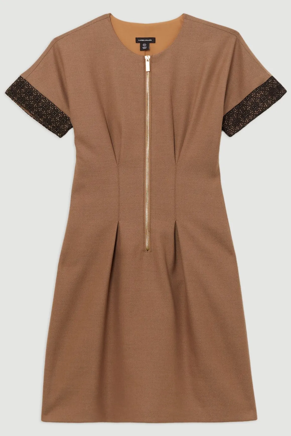 Robe mini ajustée en sergé et dentelle mixte avec zip à l'avant