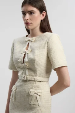 Robe Mini Ajustée en Tweed avec Détail Nœud - Taille Petite