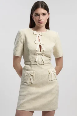 Robe Mini Ajustée en Tweed avec Détail Nœud - Taille Petite
