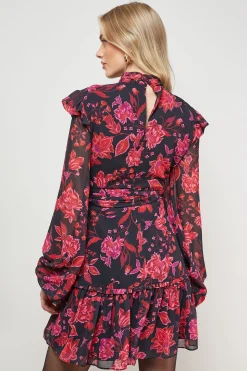 Robe Mini Ajustée et Évasée à Col Montant Froncé et Imprimé