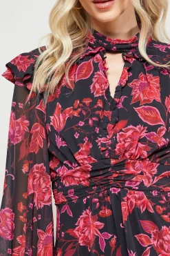 Robe Mini Ajustée et Évasée à Col Montant Froncé et Imprimé