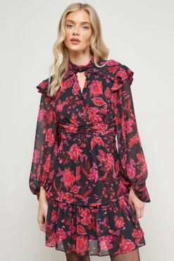 Robe Mini Ajustée et Évasée à Col Montant Froncé et Imprimé