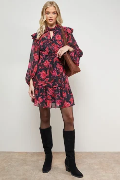 Robe Mini Ajustée et Évasée à Col Montant Froncé et Imprimé