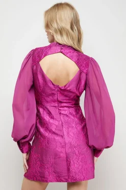 Robe Mini Ajustée et Évasée en Jacquard Structuré avec Manches en Mousseline