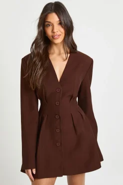 boohoo Robe Mini Ajustée à Manches Longues Sans Col<Femme Looks Chocolat|Robes Patineuses