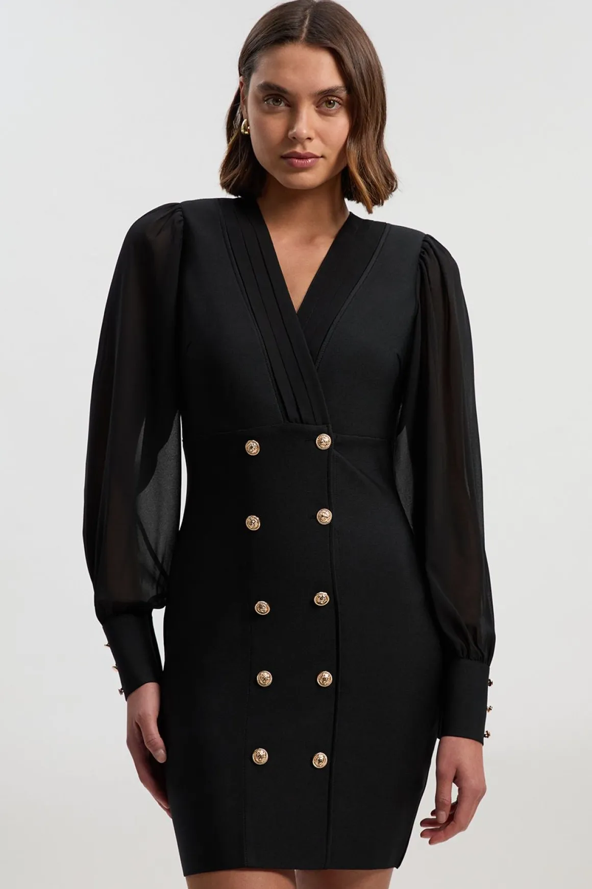 Robe Mini Ajustée Mélange Tissé Style Militaire avec Boutons Blazer