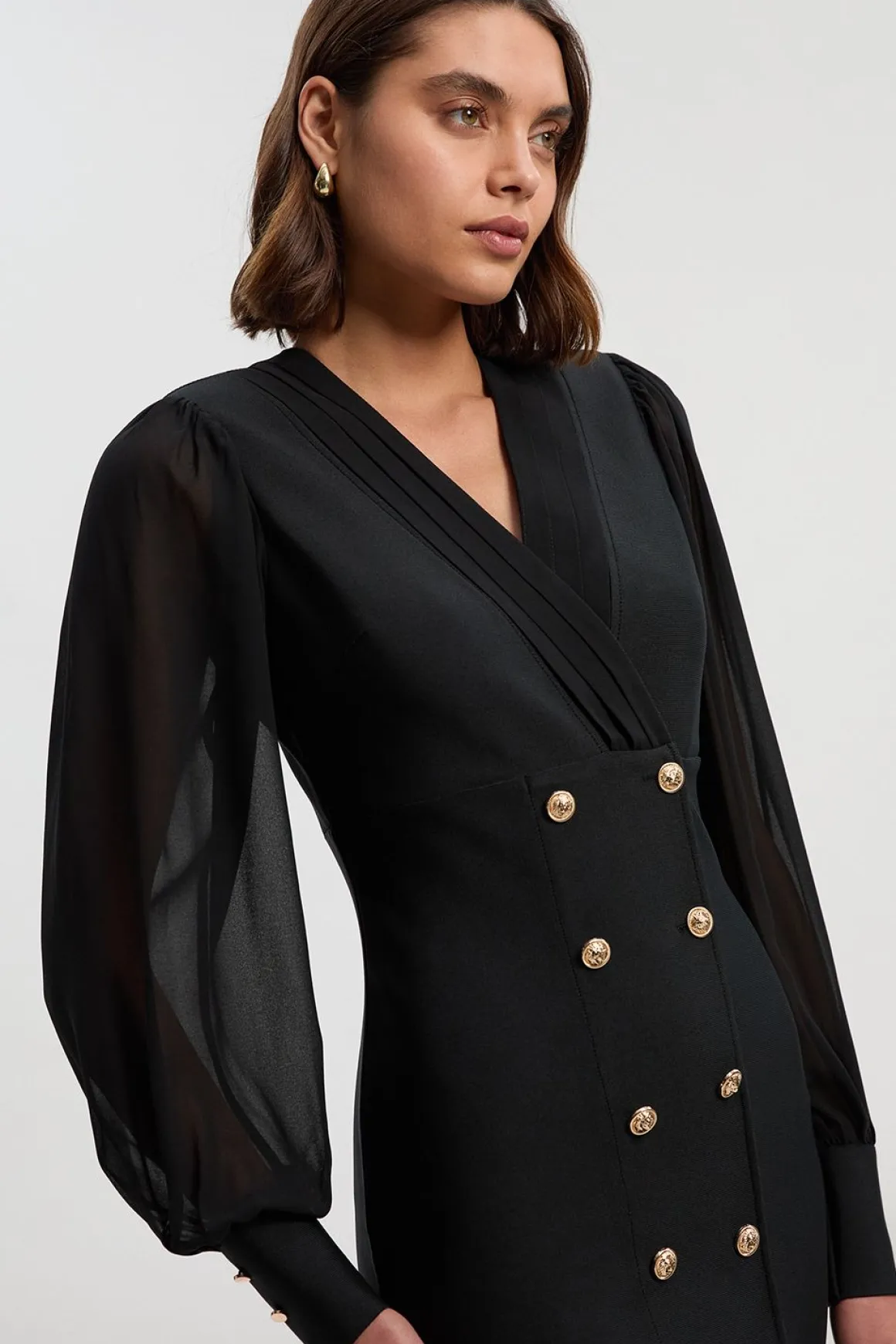 Robe Mini Ajustée Mélange Tissé Style Militaire avec Boutons Blazer