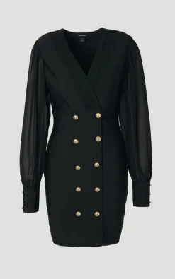 Robe Mini Ajustée Mélange Tissé Style Militaire avec Boutons Blazer