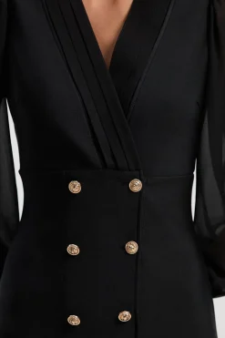 Robe Mini Ajustée Mélange Tissé Style Militaire avec Boutons Blazer
