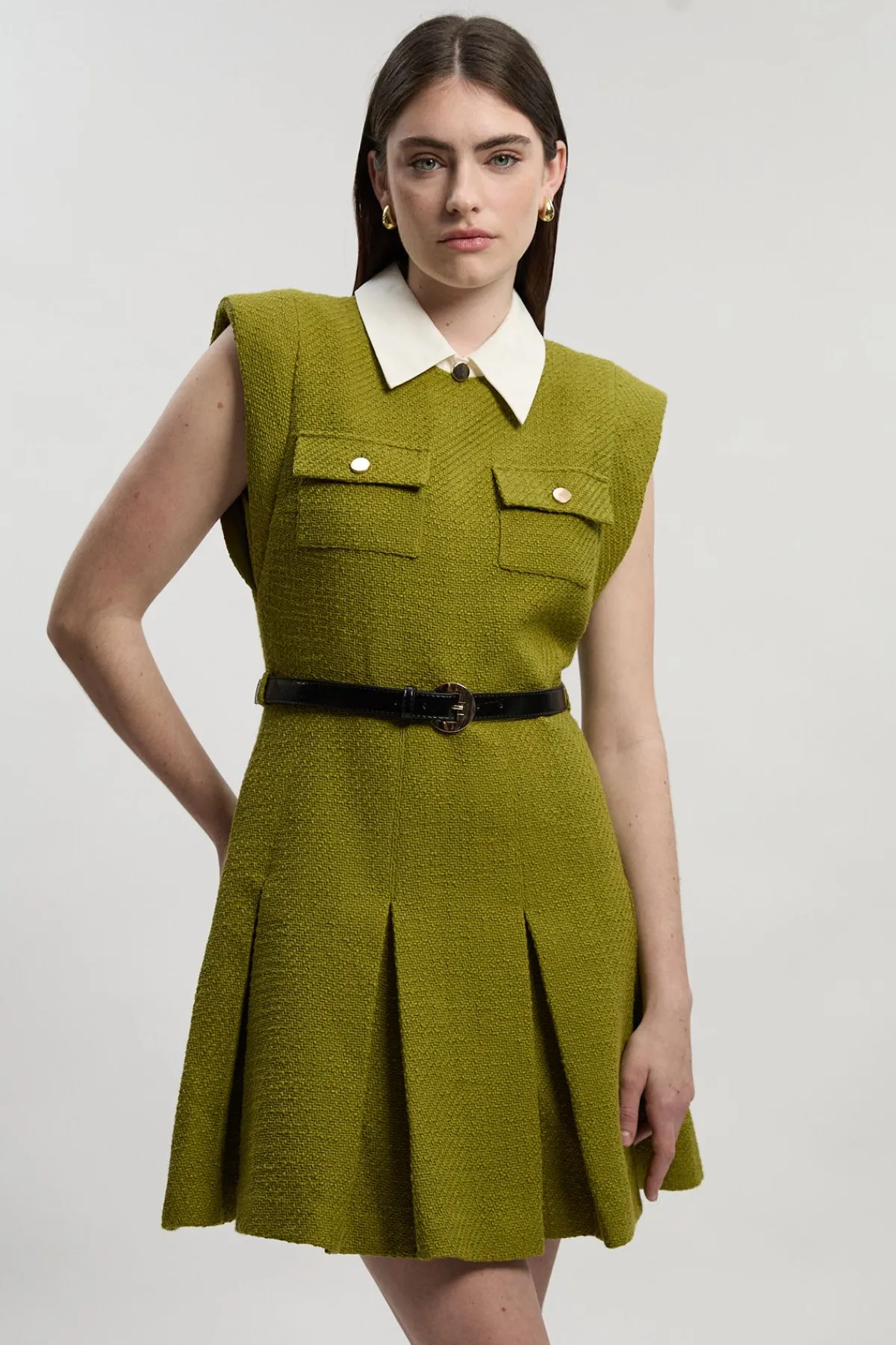 KarenMillen Robe Mini Ajustée Plissée en Tweed Texturé à Col Contrastant<Femme Tailleurs|Toutes Les Robes