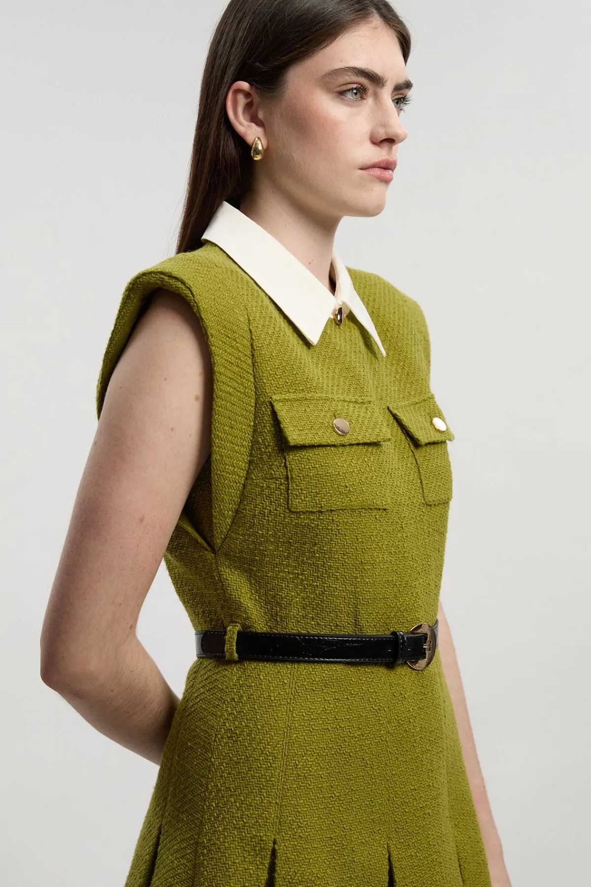 KarenMillen Robe Mini Ajustée Plissée en Tweed Texturé à Col Contrastant<Femme Tailleurs|Toutes Les Robes