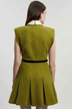 KarenMillen Robe Mini Ajustée Plissée en Tweed Texturé à Col Contrastant<Femme Tailleurs|Toutes Les Robes