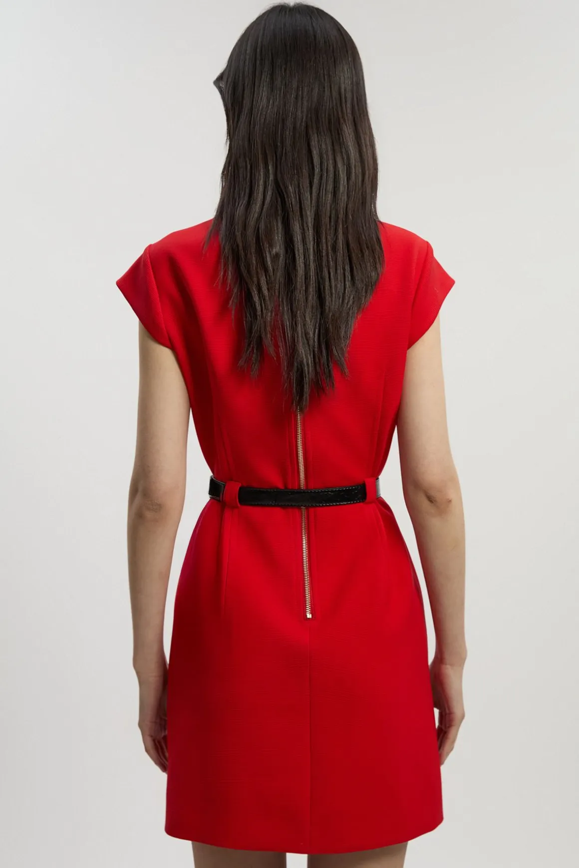 Robe Mini Ajustée Texturée Stretch Compact avec Ceinture - Petite Taille