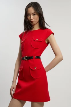 Robe Mini Ajustée Texturée Stretch Compact avec Ceinture - Petite Taille