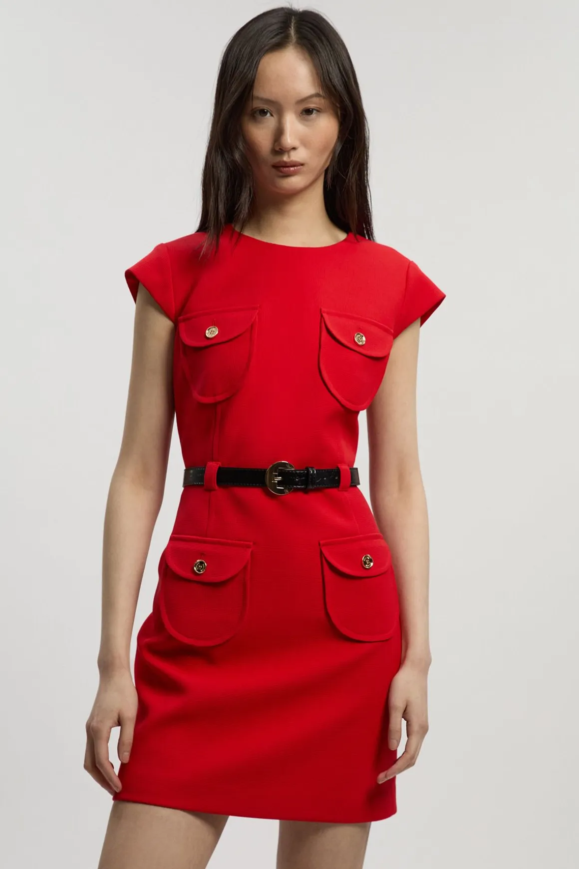 Robe Mini Ajustée Texturée Stretch Compact avec Ceinture