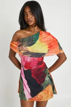 boohoo Robe Mini Asymétrique En Mesh À Imprimé Floral<Femme Robes Moulantes|Robes