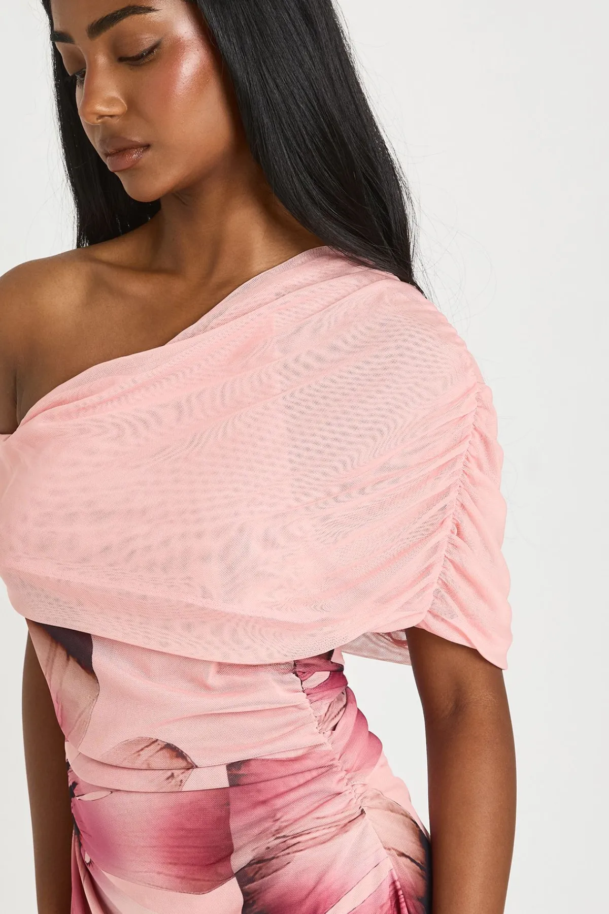 boohoo Robe Mini Asymétrique En Mesh À Imprimé Floral Large<Femme Robes|Robes De Soirée Chic