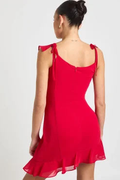 Robe Mini Asymétrique en Mousseline à Détails Volantés