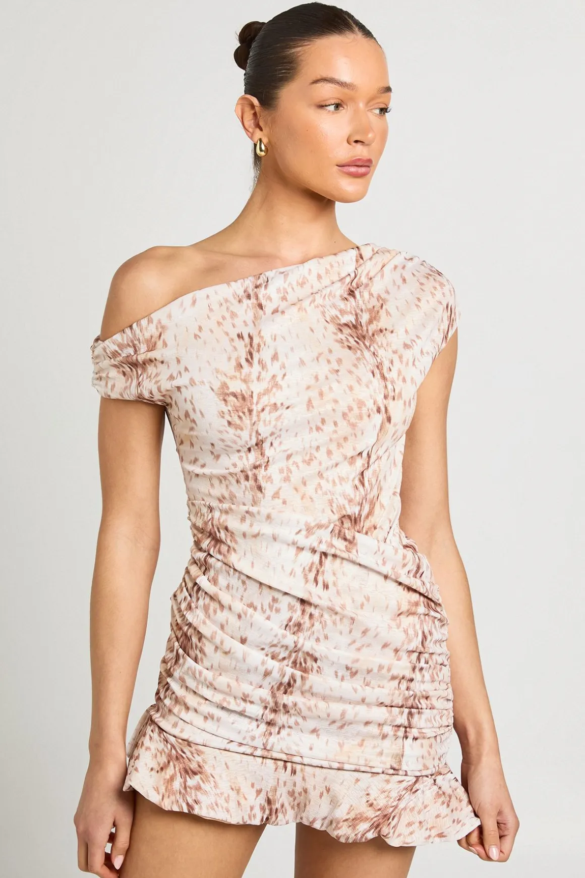 Robe Mini Asymétrique Froncée À Imprimé Cerf