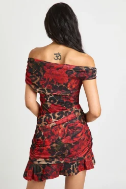 Robe Mini Asymétrique Froncée à Imprimé Léopard Floral Tall