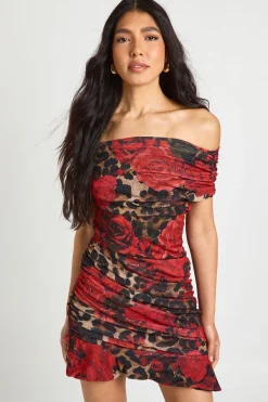 Robe Mini Asymétrique Froncée à Imprimé Léopard Floral Tall