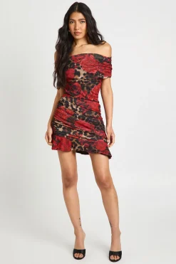 Robe Mini Asymétrique Froncée à Imprimé Léopard Floral Tall