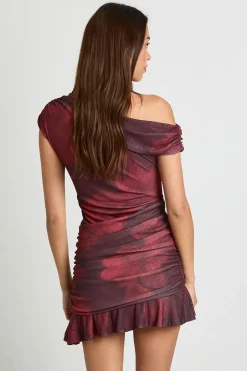 Robe mini asymétrique à fronces et imprimé floral flou