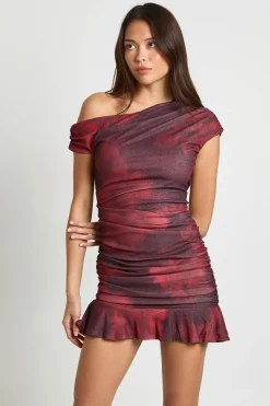 Robe mini asymétrique à fronces et imprimé floral flou