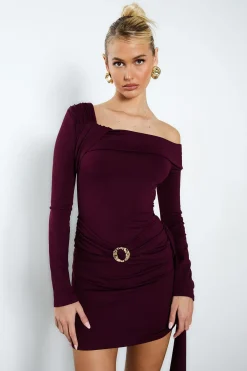 boohoo Robe mini asymétrique à manches longues avec détail de garniture<Femme Robes Moulantes|Robes À Manches Longues
