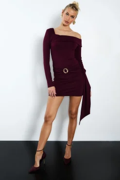 boohoo Robe mini asymétrique à manches longues avec détail de garniture<Femme Robes Moulantes|Robes À Manches Longues