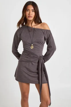 Robe Mini Asymétrique à Épaule Dénudée et Taille Nouée Chiné
