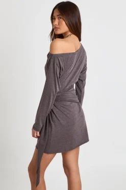 Robe Mini Asymétrique à Épaule Dénudée et Taille Nouée Chiné
