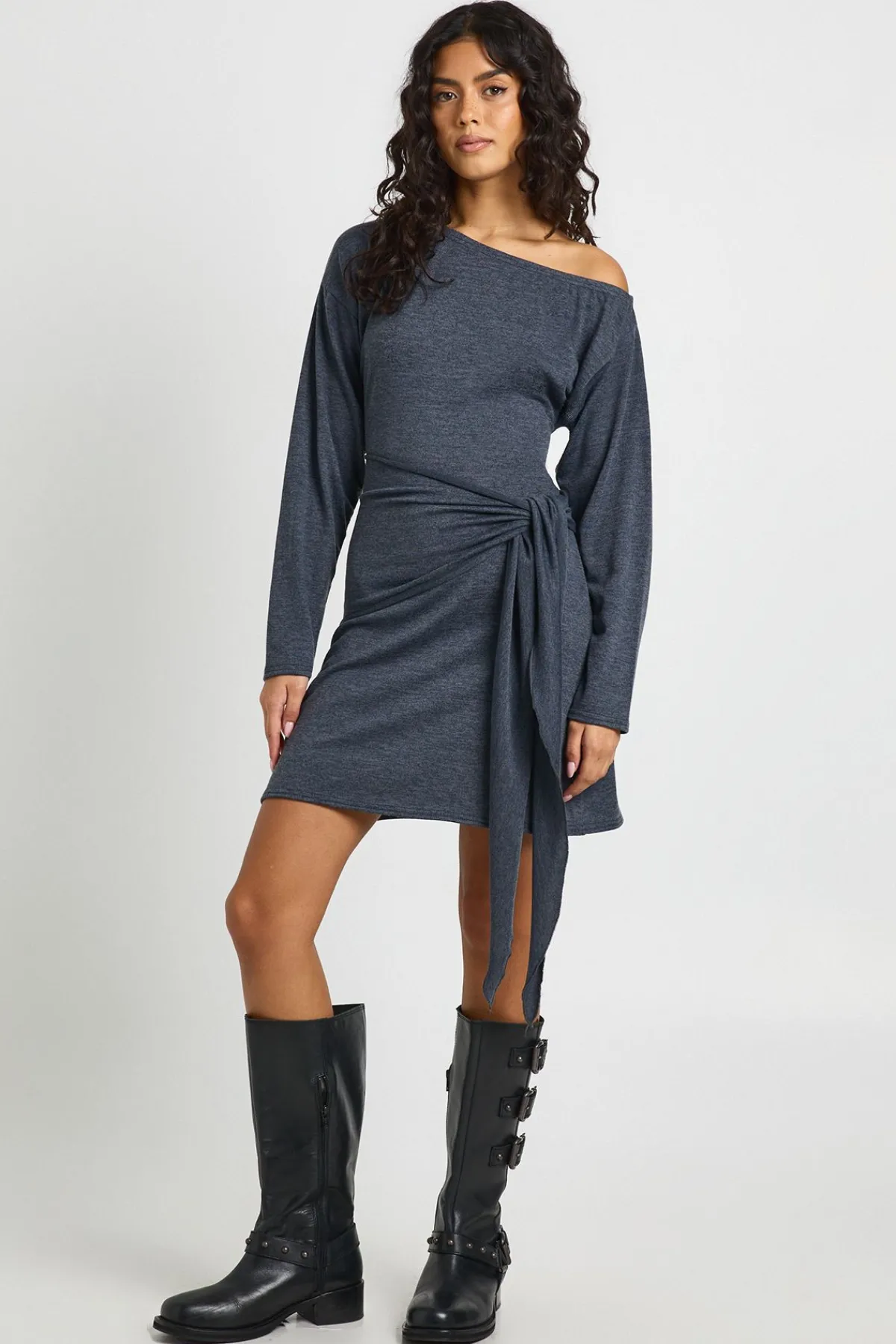 boohoo Robe Mini Asymétrique à Épaule Dénudée et Taille Nouée Chiné<Femme Robes Moulantes|Robes À Manches Longues