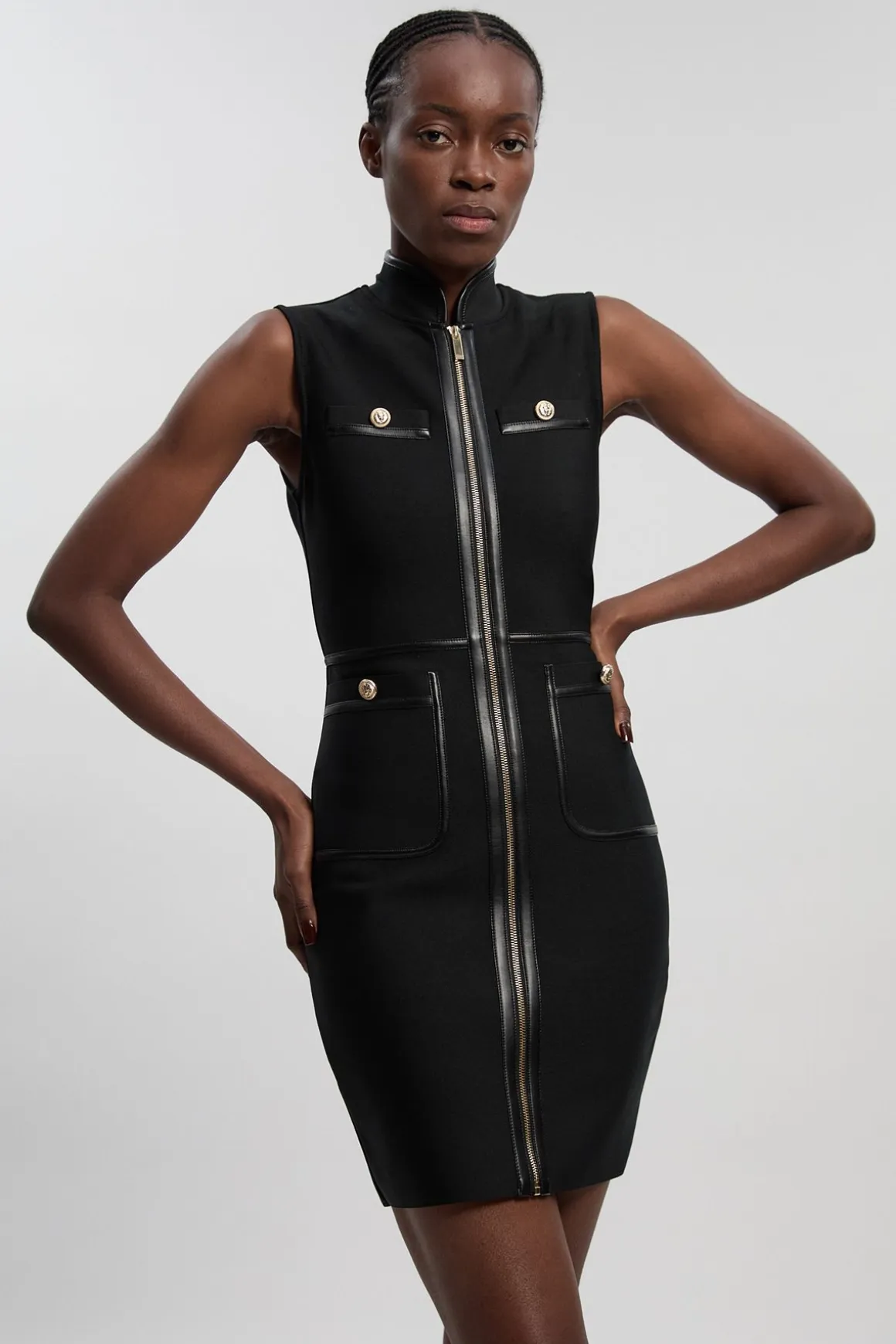 Robe Mini Bandage Militaire Sans Manches À Finitions SYNTHÉTIQUE