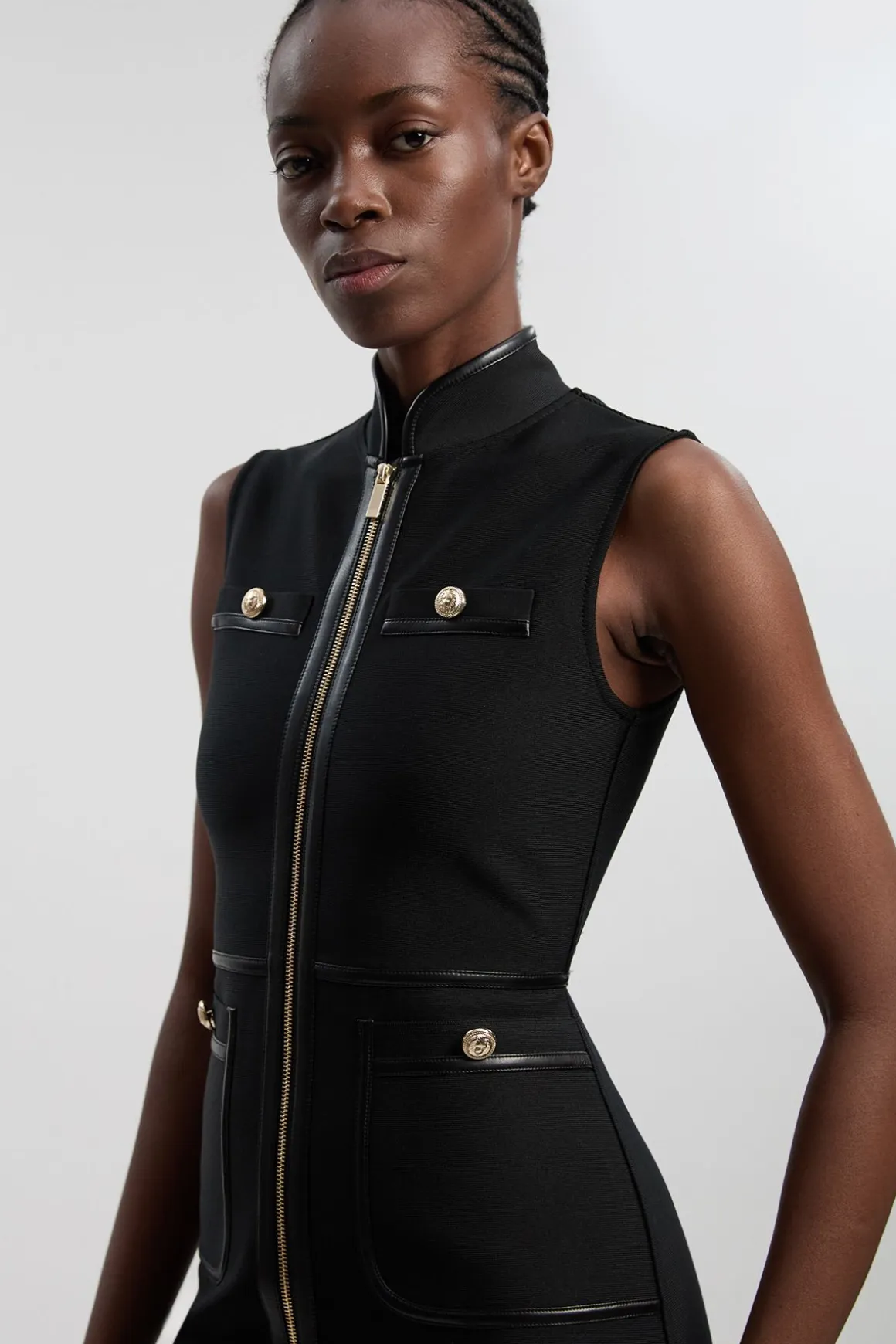 Robe Mini Bandage Militaire Sans Manches À Finitions SYNTHÉTIQUE