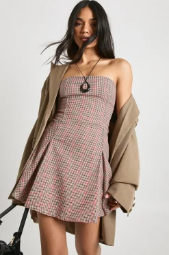 Robe Mini Bandeau Ajustée à Carreaux
