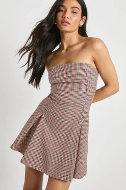 Robe Mini Bandeau Ajustée à Carreaux