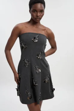 Robe Mini Bandeau Ajustée Ornée de Sequins et Cristaux en Grappes