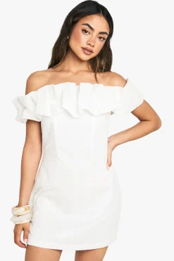 boohoo Robe mini Bardot avec détails en volants et broderie<Femme Robes Moulantes|Robes