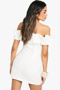 boohoo Robe mini Bardot avec détails en volants et broderie<Femme Robes Moulantes|Robes