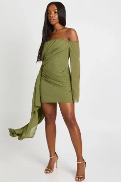 Robe mini Bardot en chiffon froncé