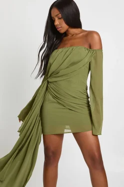 Robe mini Bardot en chiffon froncé