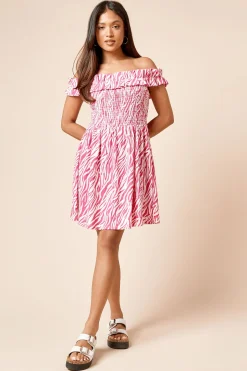 Robe Mini Bardot en Jersey à Corsage Froncé Imprimé Zèbre Rose Petite