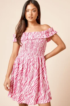 Robe Mini Bardot en Jersey à Corsage Froncé Imprimé Zèbre Rose Petite