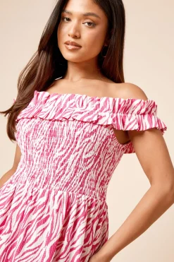 Robe Mini Bardot en Jersey à Corsage Froncé Imprimé Zèbre Rose Petite