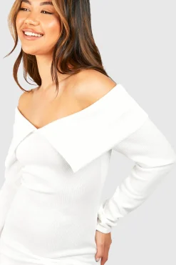 Robe Mini Bardot en Jersey Côtelé Épais à Manches Longues