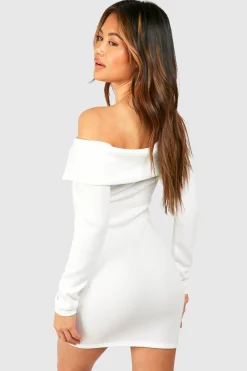 Robe Mini Bardot en Jersey Côtelé Épais à Manches Longues