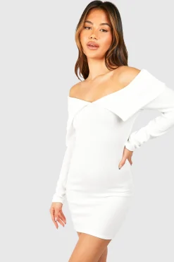 Robe Mini Bardot en Jersey Côtelé Épais à Manches Longues